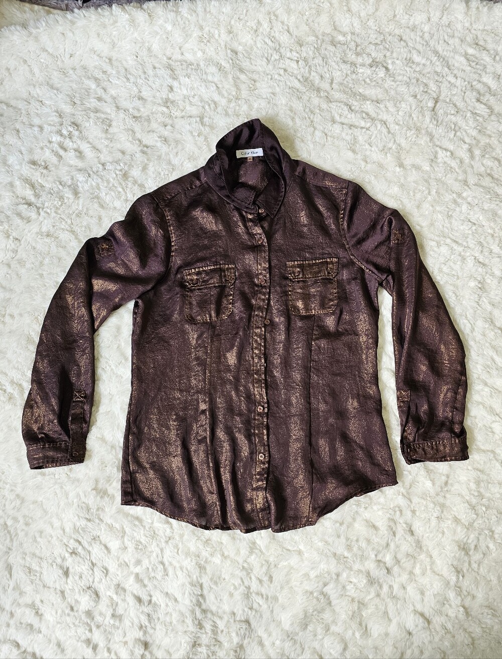 Calvin Klein Liquid Bronze Shimmer Metallic Button Down Shirt SZ M